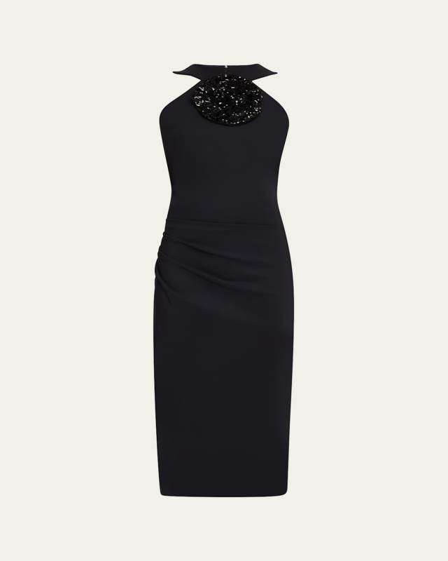 Bodycon Flower-Embellished Halter Midi Dress